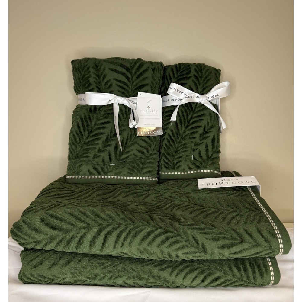 Felpinter Portugal 6 pc EMBOSSED FERN BATH HAND TIP TOWELS Luxury Velour Green